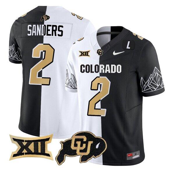 Men's Colorado Buffaloes #2 Shedeur Sanders White Black Split F.U.S.E. With Big 12 XII Patch Stitched Football Jersey