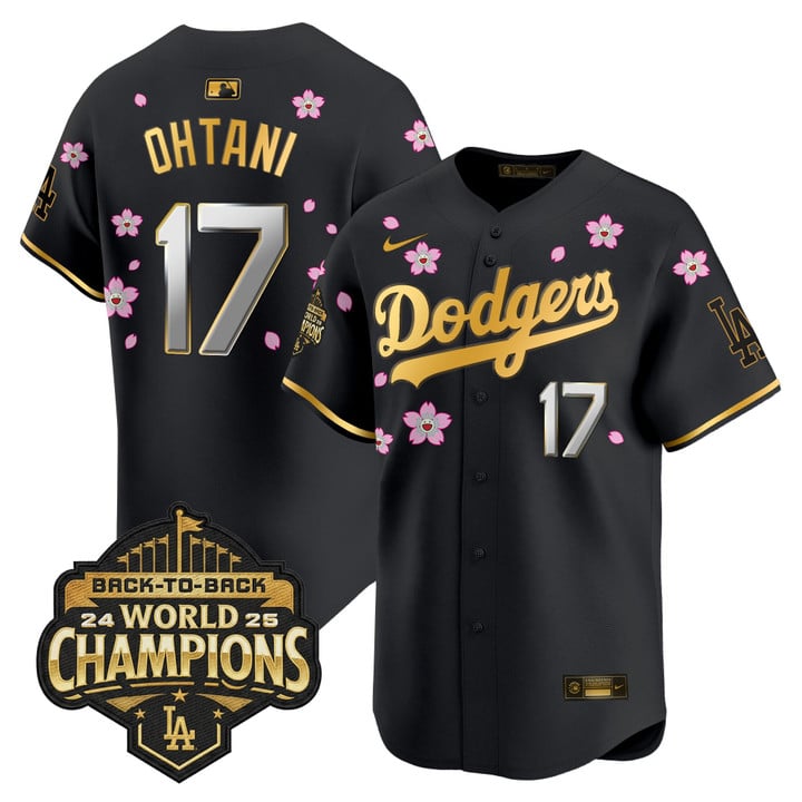 Men's Dodgers #17 Shohei Ohtani 2025 Back-To-Back Champions x Tokyo Series Gold Trim Nike Limited Stitched Jersey Black Gold