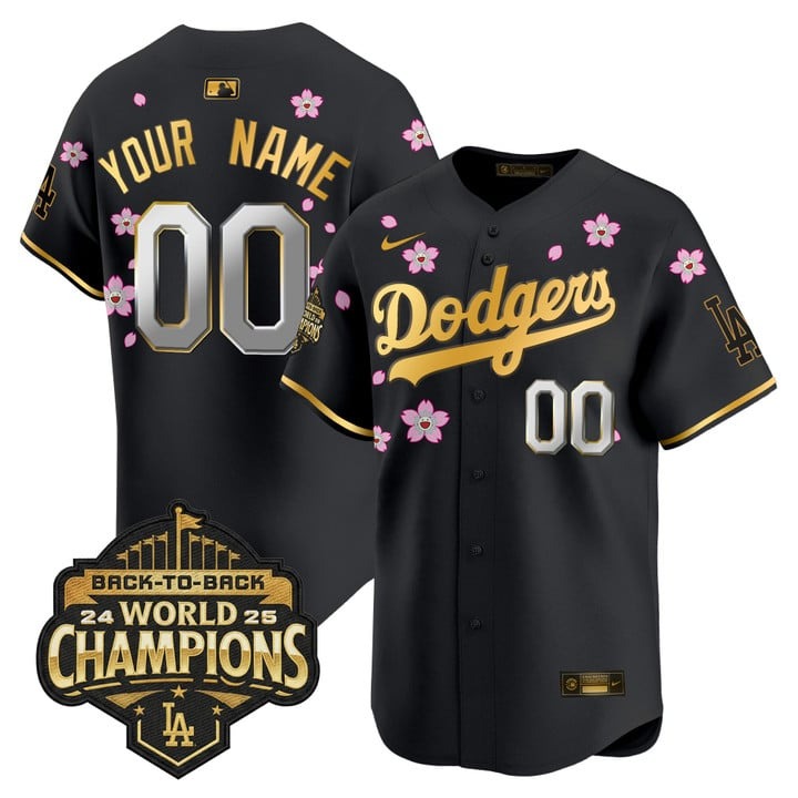 Men's Dodgers Custom 2025 Back-To-Back Champions x Tokyo Series Gold Trim Nike Limited Stitched Jersey Black Gold
