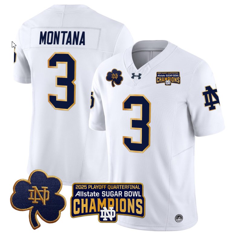 Men's Notre Dame Fighting Irish #3 Joe Montana 2025 Sugar Bowl Champions Patch White Stitched Jersey