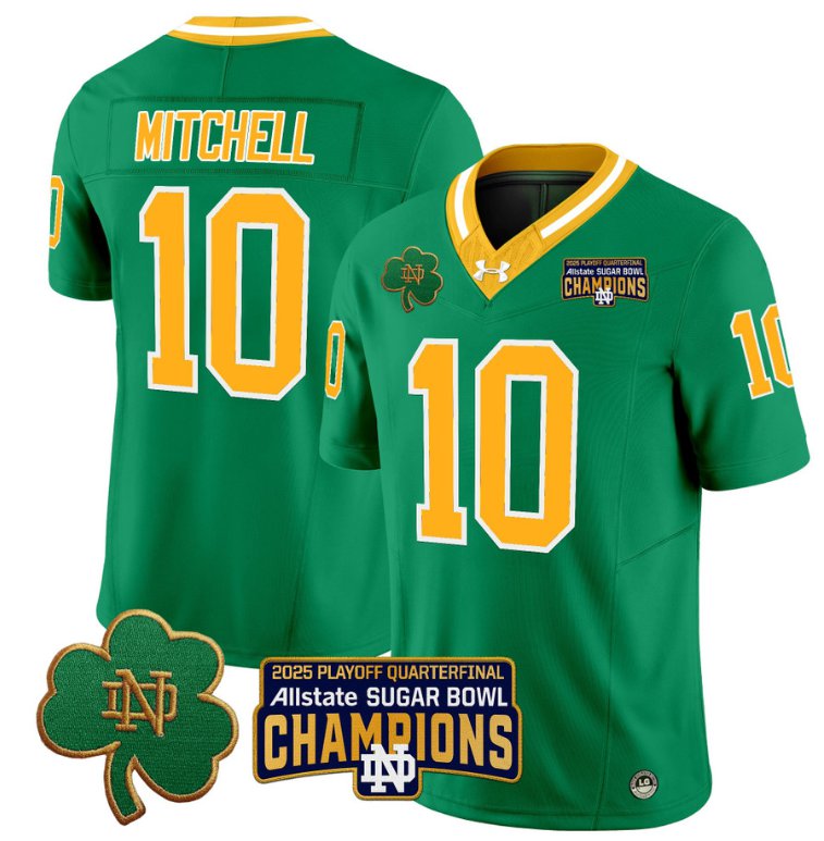 Men's Notre Dame Fighting Irish #10 Kris Mitchell 2025 Sugar Bowl Champions Throwback Stitched Jersey