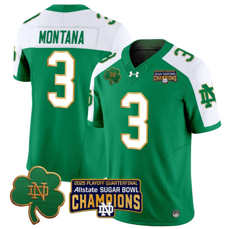 Men's Notre Dame Fighting Irish #3 Joe Montana 2025 Sugar Bowl Champions Green Alternate Stitched Jersey