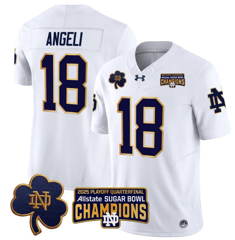 Men's Notre Dame Fighting Irish #18 Steve Angeli 2025 Sugar Bowl Champions Patch White Stitched Jersey