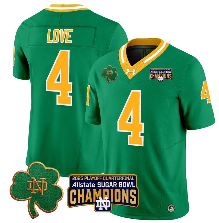 Men's Notre Dame Fighting Irish #4 Jeremiyah Love 2025 Sugar Bowl Champions Throwback Stitched Jersey