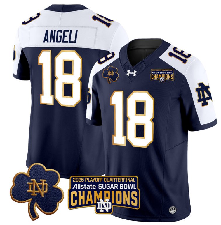 Men's Notre Dame Fighting Irish #18 Steve Angeli 2025 Sugar Bowl Champions Navy Alternate Stitched Jersey