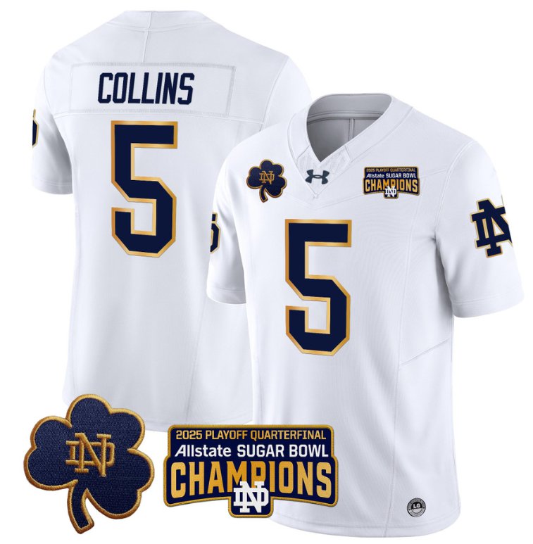 Men's Notre Dame Fighting Irish #5 Beaux Collins 2025 Sugar Bowl Champions Patch White Stitched Jersey