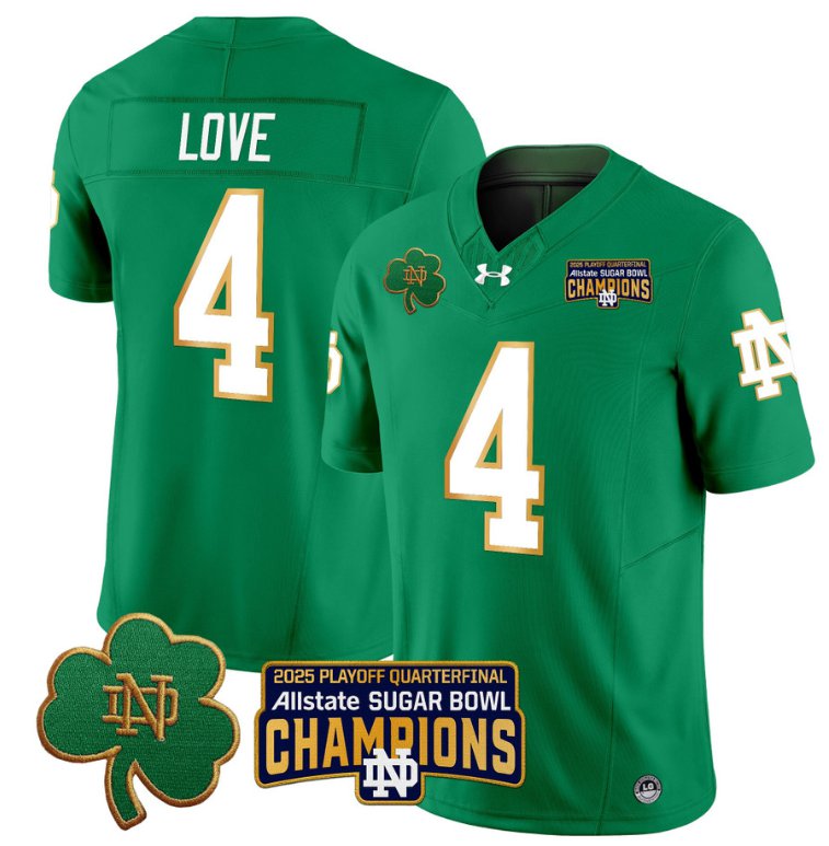 Men's Notre Dame Fighting Irish #4 Jeremiyah Love 2025 Sugar Bowl Champions Patch Green Stitched Jersey