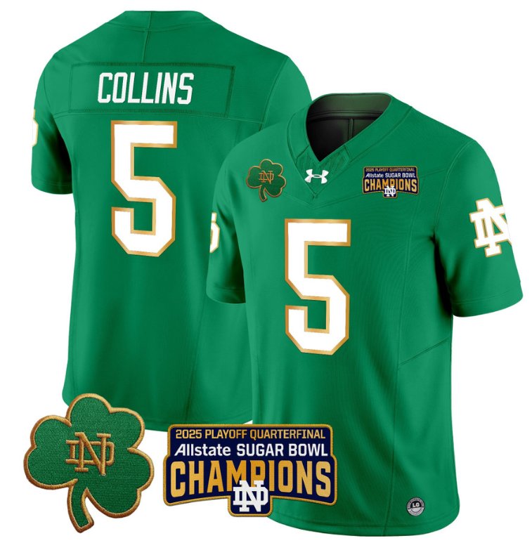 Men's Notre Dame Fighting Irish #5 Beaux Collins 2025 Sugar Bowl Champions Patch Green Stitched Jersey