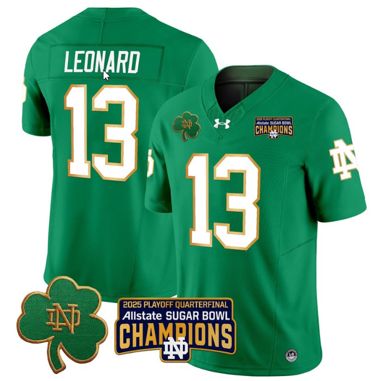 Men's Notre Dame Fighting Irish #13 Riley Leonard 2025 Sugar Bowl Champions Patch Green Stitched Jersey