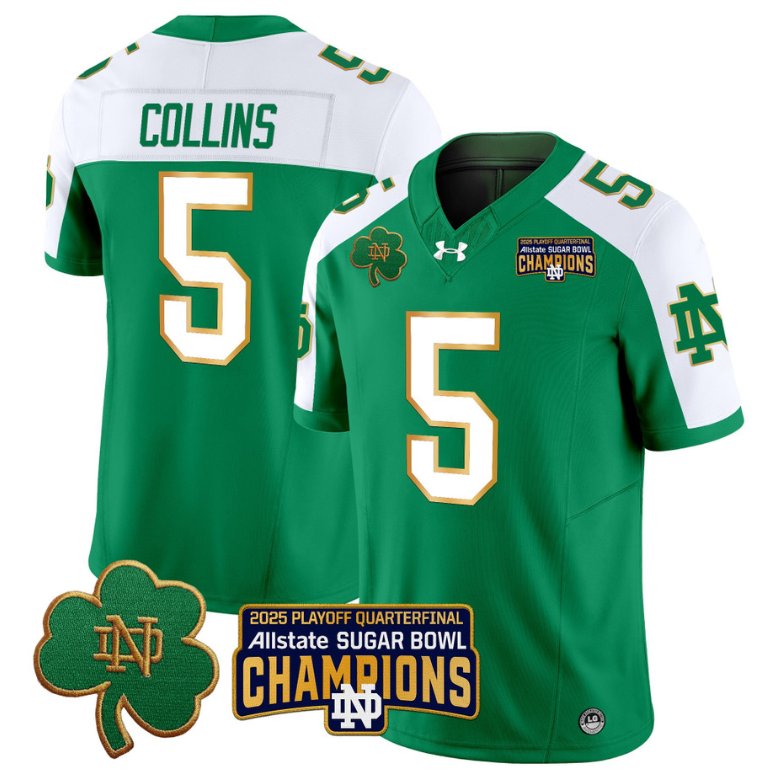 Men's Notre Dame Fighting Irish #5 Beaux Collins 2025 Sugar Bowl Champions Green Alternate Stitched Jersey