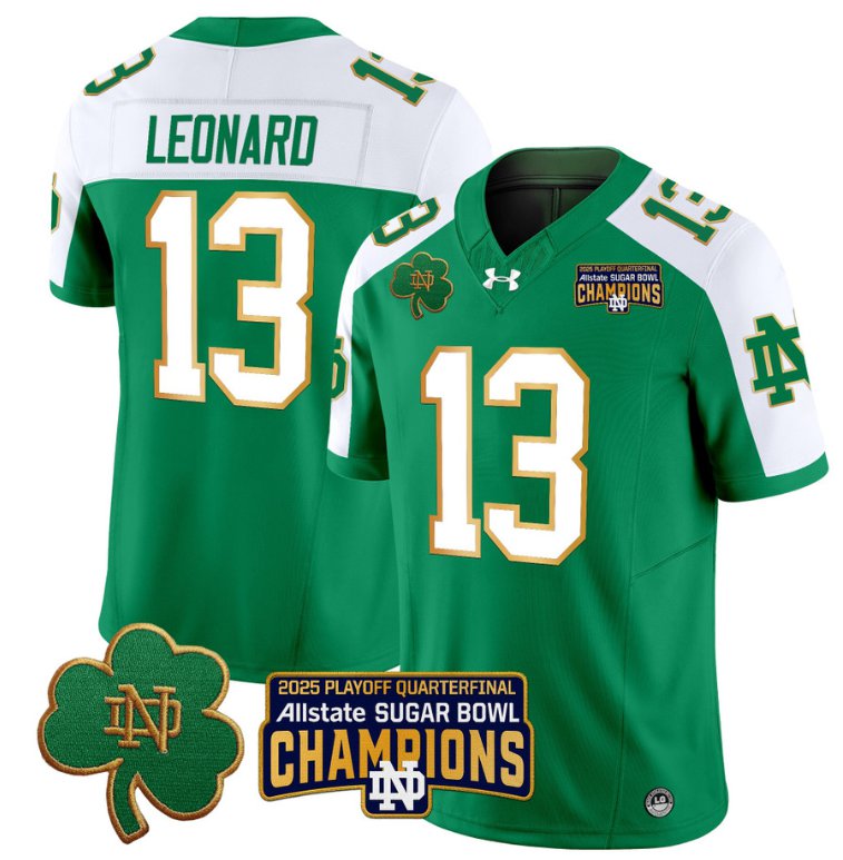 Men's Notre Dame Fighting Irish #13 Riley Leonard 2025 Sugar Bowl Champions Green Alternate Stitched Jersey