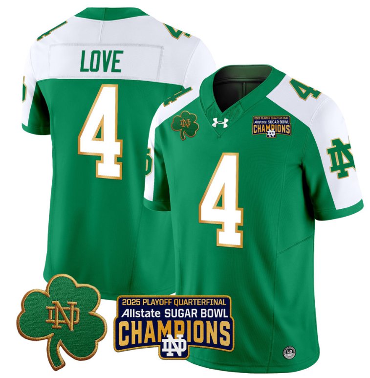 Men's Notre Dame Fighting Irish #4 Jeremiyah Love 2025 Sugar Bowl Champions Green Alternate Stitched Jersey