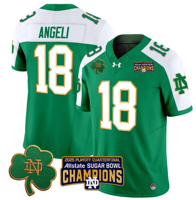 Men's Notre Dame Fighting Irish #18 Steve Angeli 2025 Sugar Bowl Champions Green Alternate Stitched Jersey