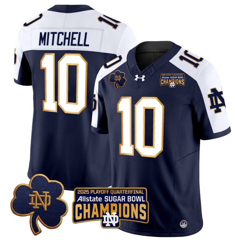 Men's Notre Dame Fighting Irish #10 Kris Mitchell 2025 Sugar Bowl Champions Navy Alternate Stitched Jersey