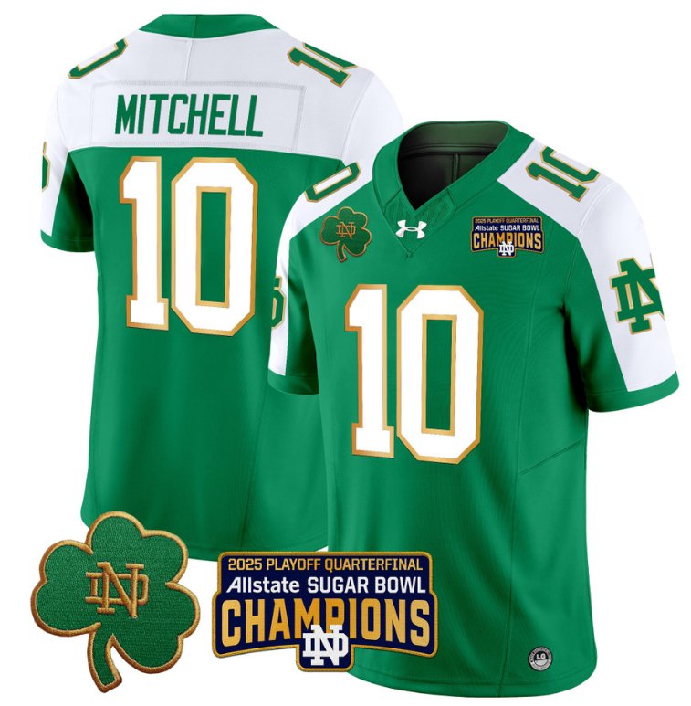 Men's Notre Dame Fighting Irish #10 Kris Mitchell 2025 Sugar Bowl Champions Green Alternate Stitched Jersey