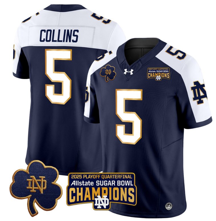 Men's Notre Dame Fighting Irish #5 Beaux Collins 2025 Sugar Bowl Champions Navy Alternate Stitched Jersey