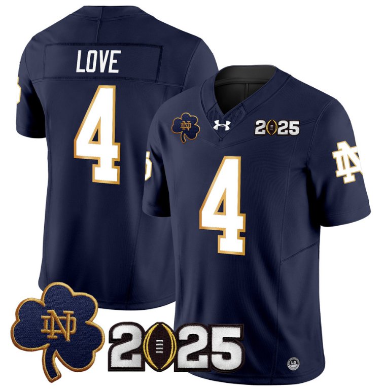 Men's Notre Dame Fighting Irish #4 Jeremiyah Love 2025 CFP Final Patch Navy Stitched Jersey