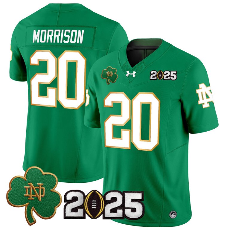 Men's Notre Dame Fighting Irish #20 Benjamin Morrison 2025 CFP Final Patch Green Stitched Jersey