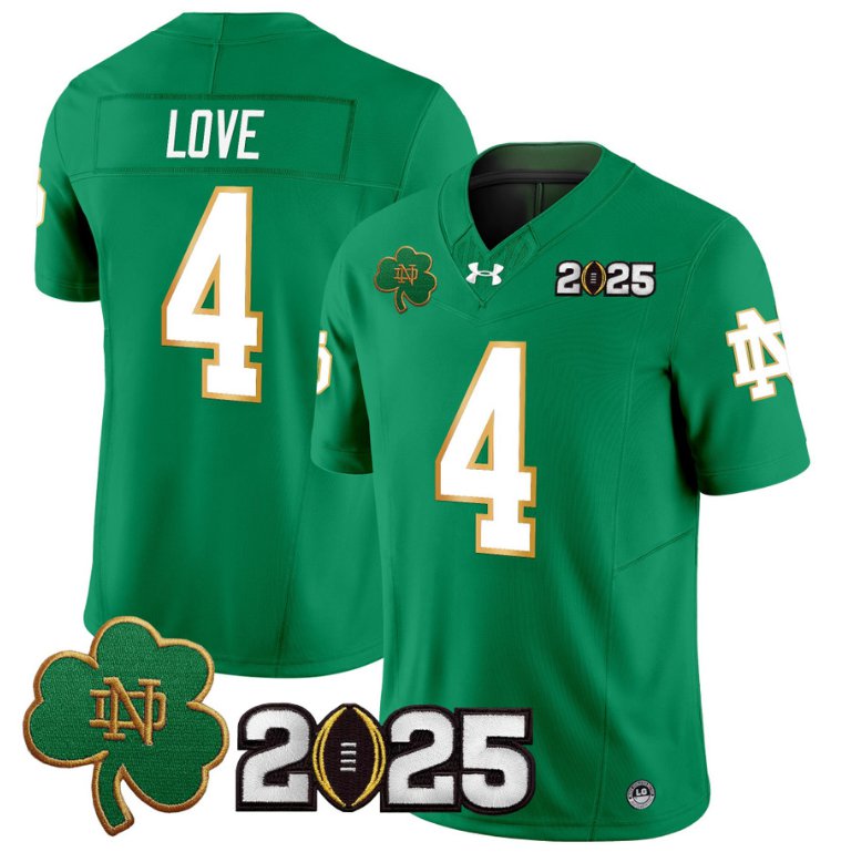 Men's Notre Dame Fighting Irish #4 Jeremiyah Love 2025 CFP Final Patch Green Stitched Jersey