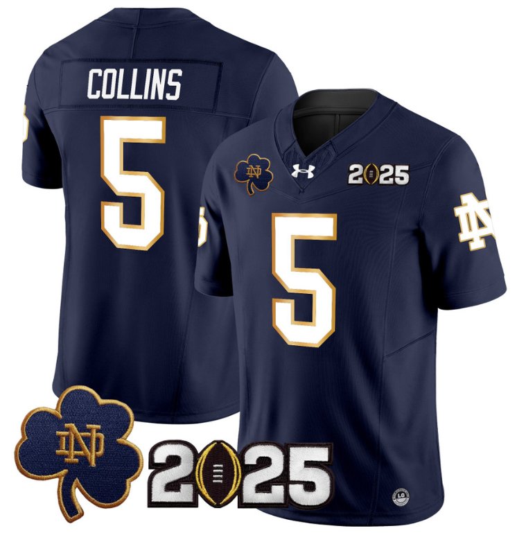 Men's Notre Dame Fighting Irish #5 Beaux Collins 2025 CFP Final Patch Navy Stitched Jersey