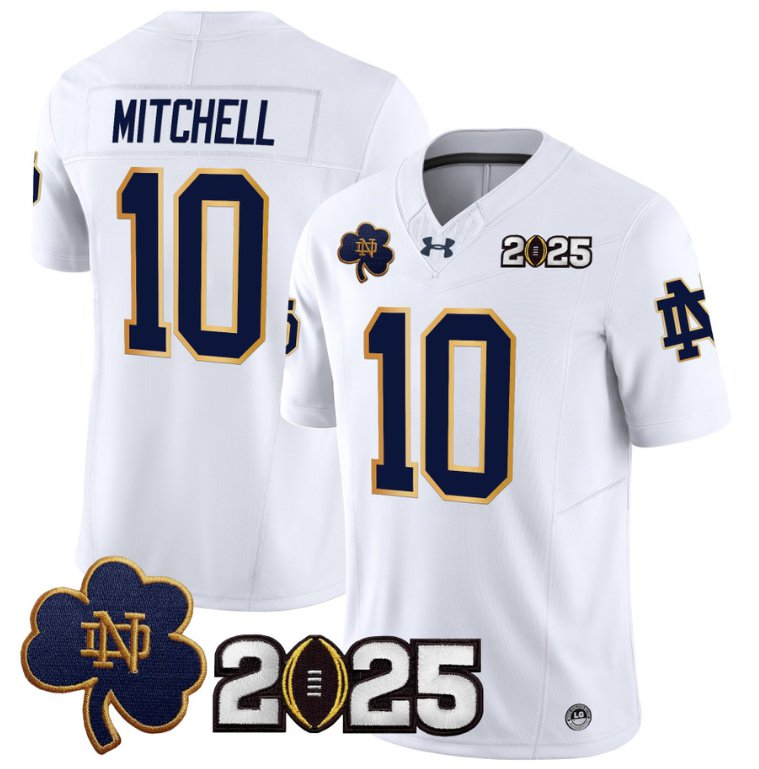 Men's Notre Dame Fighting Irish #10 Kris Mitchell 2025 CFP Final Patch White Stitched Jersey