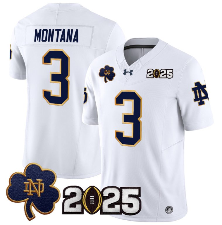 Men's Notre Dame Fighting Irish #3 Joe Montana 2025 CFP Final Patch White Stitched Jersey