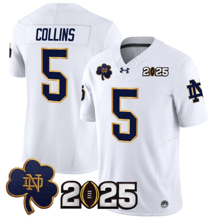 Men's Notre Dame Fighting Irish #5 Beaux Collins 2025 CFP Final Patch White Stitched Jersey