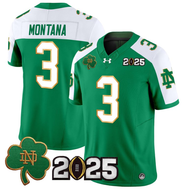 Men's Notre Dame Fighting Irish #3 Joe Montana 2025 CFP Final Patch Green Alternate Stitched Jersey