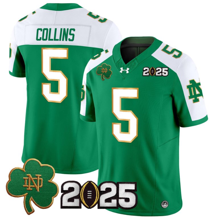 Men's Notre Dame Fighting Irish #5 Beaux Collins 2025 CFP Final Patch Green Alternate Stitched Jersey