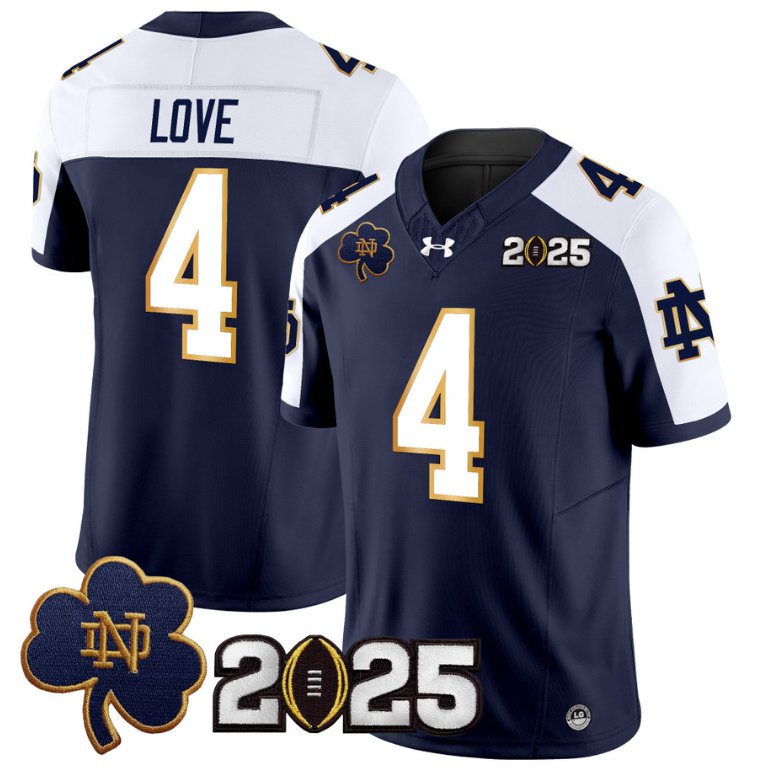 Men's Notre Dame Fighting Irish #4 Jeremiyah Love 2025 CFP Final Patch Navy Alternate Stitched Jersey