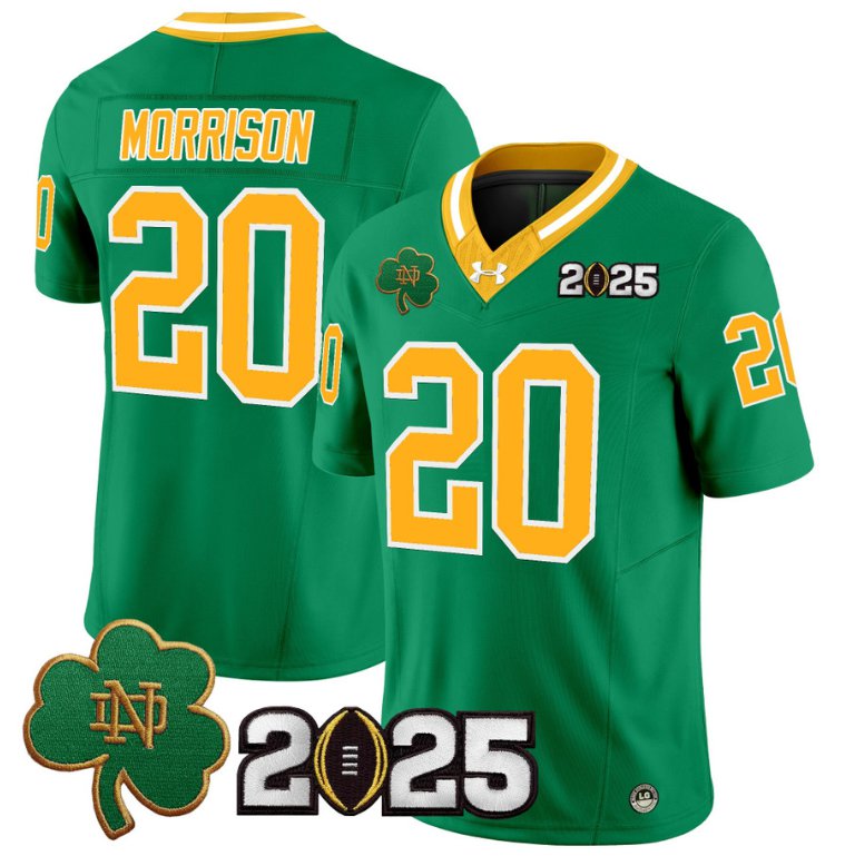 Men's Notre Dame Fighting Irish #20 Benjamin Morrison 2025 CFP Final Patch Throwback Stitched Jersey