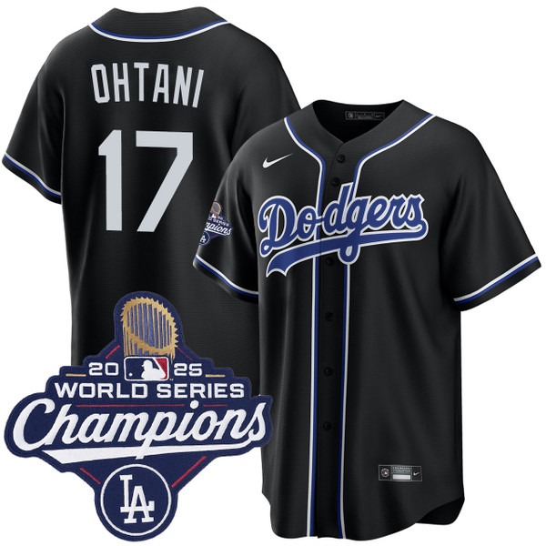 Men's Los Angeles Dodgers #17 Shohei Ohtani Black Lights Out 2025 World Series Champions Jersey