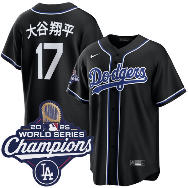 Men's Los Angeles Dodgers #17 大谷翔平 Black Lights Out 2025 World Series Champions Jersey