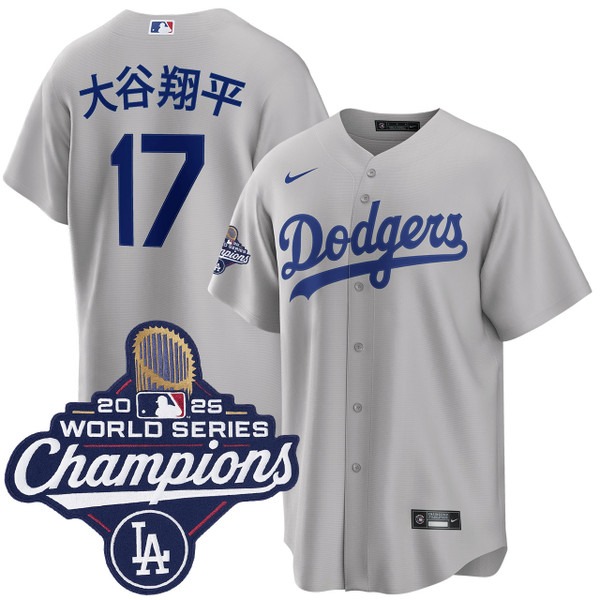Men's Los Angeles Dodgers #17 大谷翔平 Alternate 2025 Road World Series Champions Jersey Grey