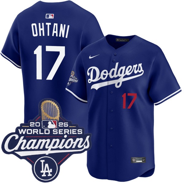 Men's Los Angeles Dodgers #17 Shohei Ohtani Alternate Royal Limited 2025 World Series Champions Jersey