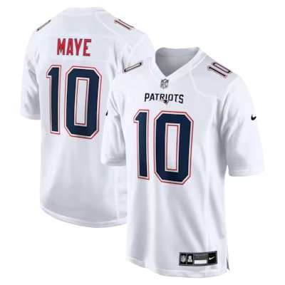 Men's New England Patriots Drake Maye Tundra 2025 White Nike Stitched Game Jersey