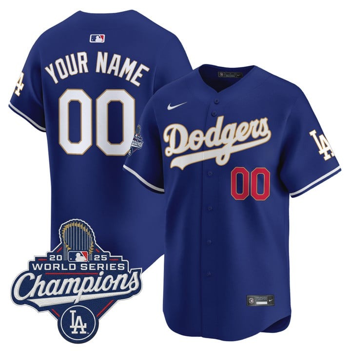 Men's Dodgers Custom Royal 'Gold Trim' 2025 World Series Champions Nike Limited Stitched Jersey