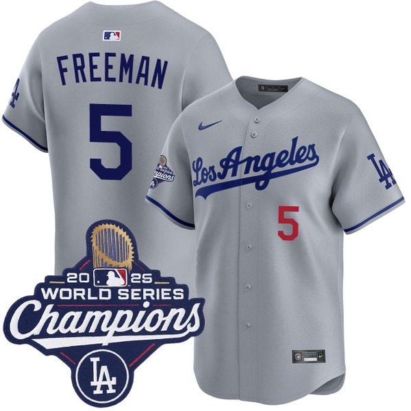 Men's Los Angeles Dodgers #5 Freddie Freeman Road Limited 2025 World Series Champions Jersey Grey