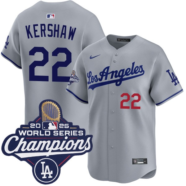 Men's Los Angeles Dodgers #22 Clayton Kershaw Road Limited 2025 World Series Champions Jersey Grey