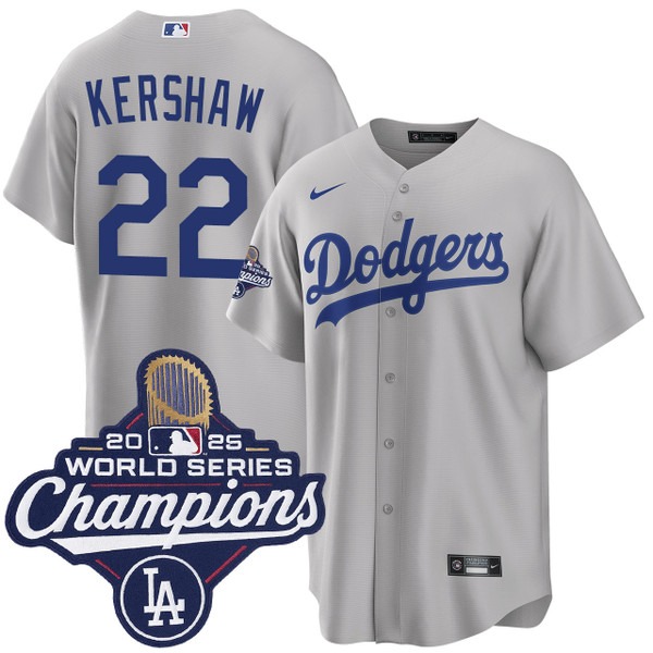 Men's Los Angeles Dodgers #22 Clayton Kershaw Alternate 2025 Road World Series Champions Jersey Grey