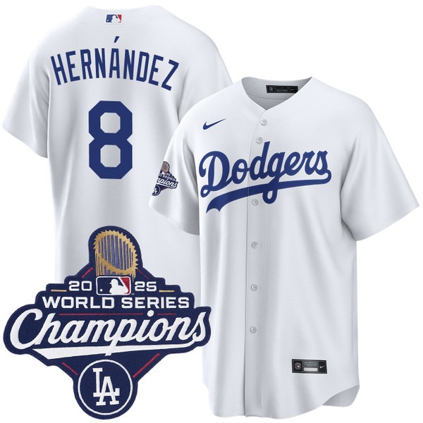 Men's Los Angeles Dodgers #8 Enrique Hernandez Home 2025 World Series Champions Jersey White