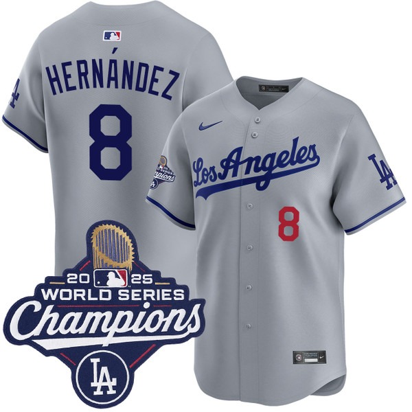 Men's Los Angeles Dodgers #8 Enrique Hernandez Road Limited 2025 World Series Champions Jersey Grey
