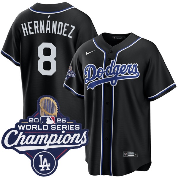 Men's Los Angeles Dodgers #8 Enrique Hernandez Black Lights Out 2025 World Series Champions Jersey