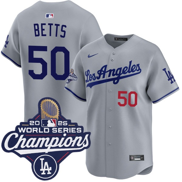 Men's Los Angeles Dodgers #50 Mookie Betts Road Limited 2025 World Series Champions Jersey Grey
