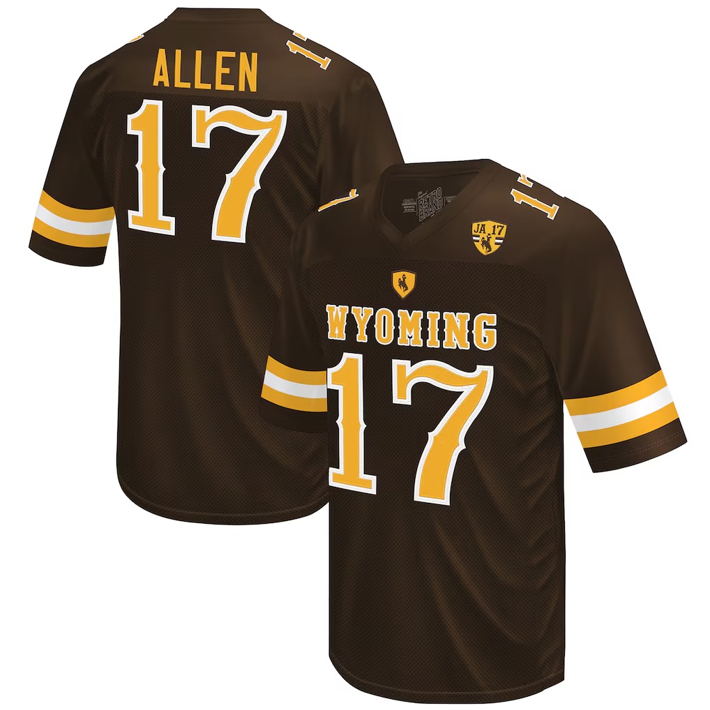 Men's Wyoming Cowboys Josh Allen Brown with JA17 Patch Original Retro Brand Throwback Stitched Football Jersey