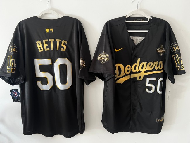 Men's Los Angeles Dodgers #50 Mookie Betts Black Gold 2025 World Series Champions & Back to Back Champions With No.34 Patch Limited Stitched Baseball Jersey
