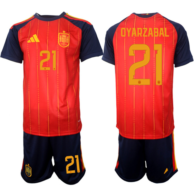Men's Spain Team #21 Mikel Oyarzabal 2025-26 Red Home Soccer Jersey Suit