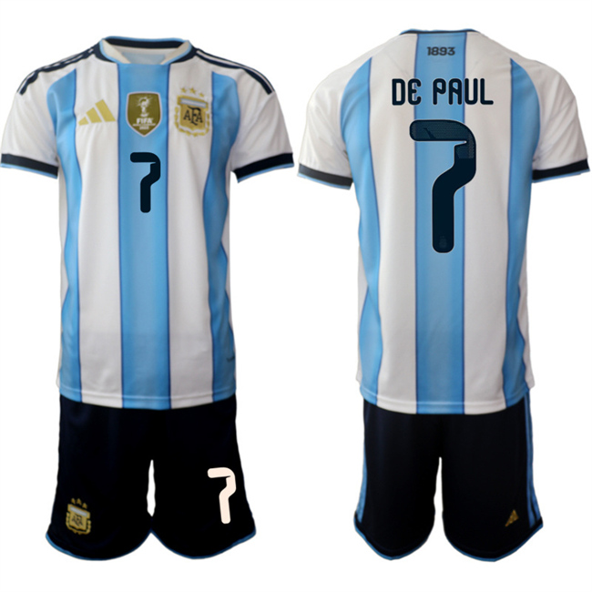 Men's Argentina #7 Rodrigo Javier De Paul White Blue 2025-26 Home Soccer Jersey Suit