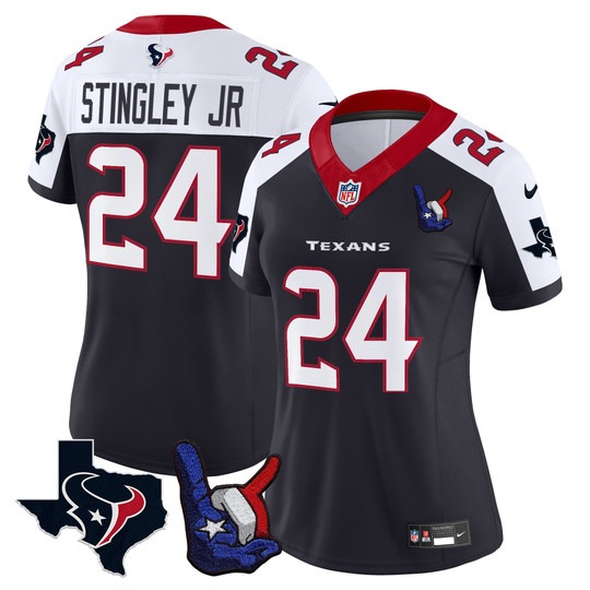 Women's Houston Texans #24 Derek Stingley Jr. Hand Sign Throwing Up The H Vapor F.U.S.E. Limited Stitched Jersey Navy White