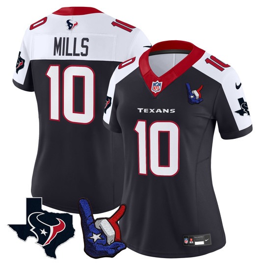 Women's Houston Texans #10 Davis Mills Hand Sign Throwing Up The H Vapor F.U.S.E. Limited Stitched Jersey Navy White